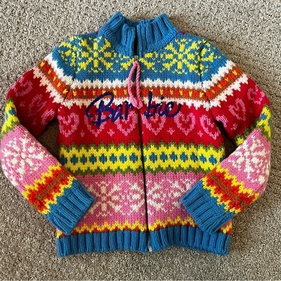 Benetton Barbie Girls Knit Cardigan Sweater Size 8 Pink Nordic Hearts Snowflake - Picture 1 of 10
